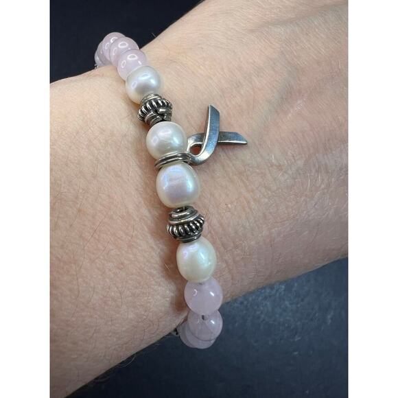 Vintage rose quartz pearls sterling silver breast cancer awareness bracelet - Picture 6 of 11